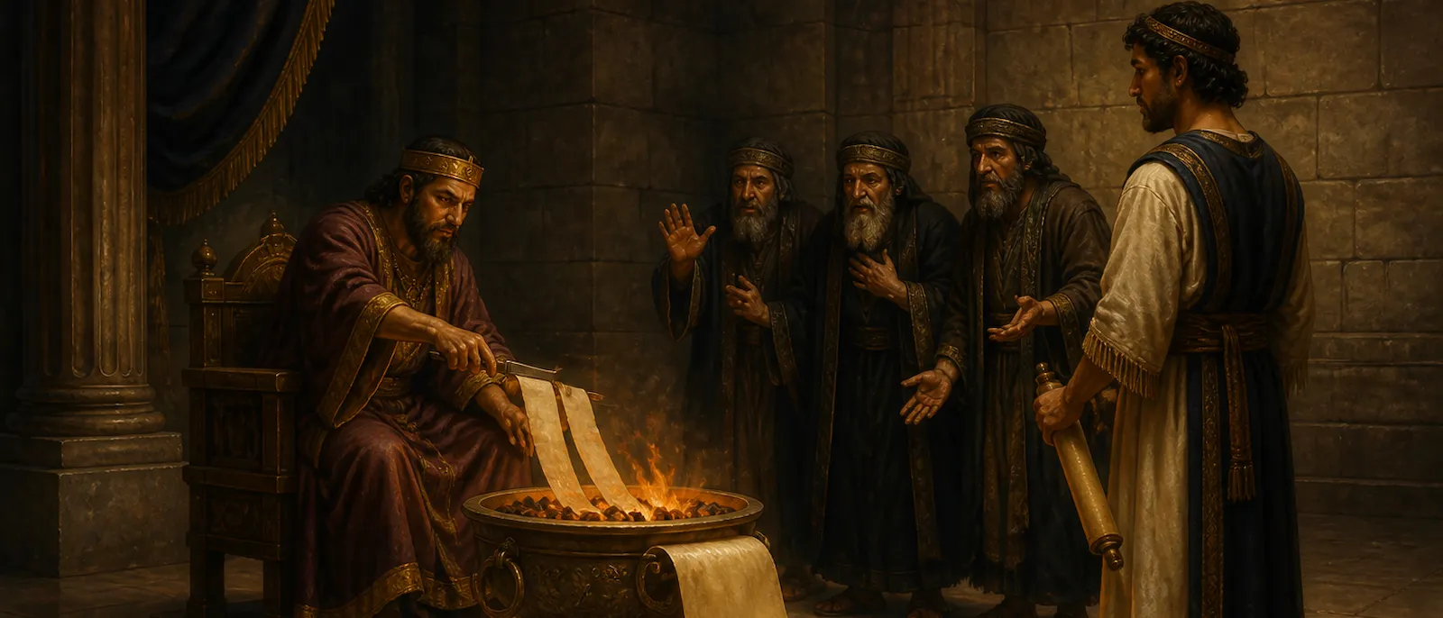 King Jehoiakim uses a small knife to cut a scroll and throw its pieces into a burning fire brazier while his officials look on in the palace.