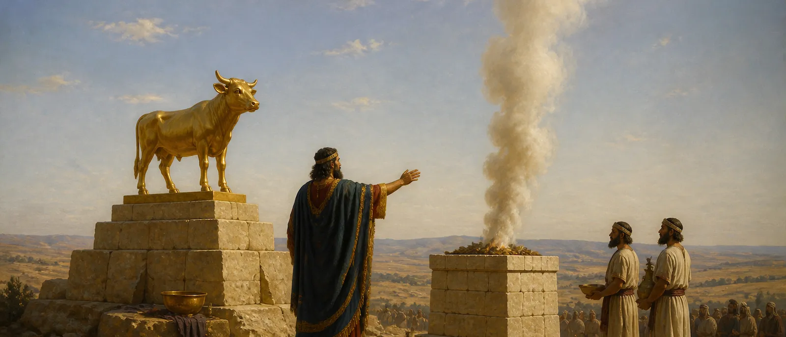 King Jeroboam stands beside a golden calf statue and a smoking altar at the high place of Bethel.