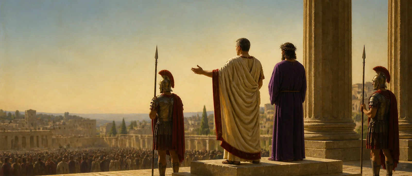 Pontius Pilate stands on a stone balcony presenting Jesus, who is wearing a crown of thorns and a purple robe, to a distant crowd.