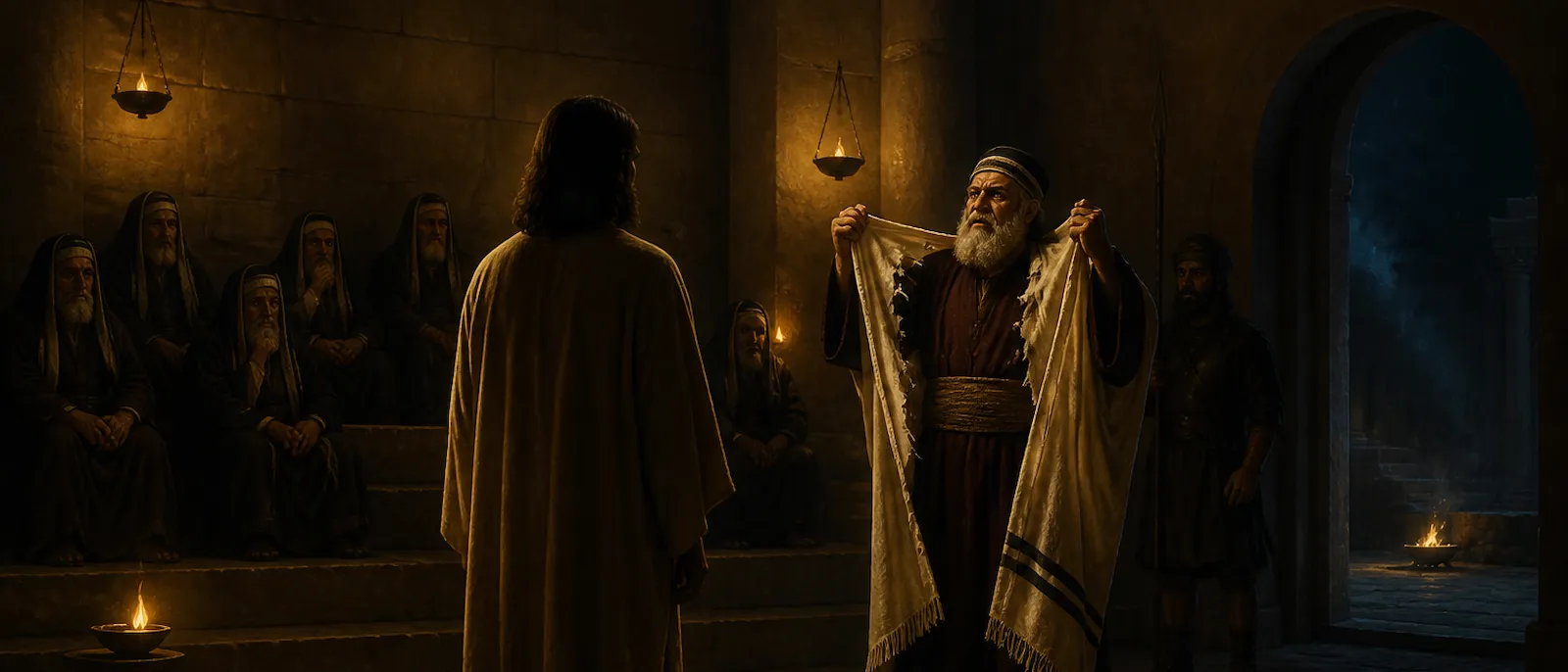 Jesus stands silently in a stone courtroom as the high priest Caiaphas tears his own clothes in a moment of accusation.