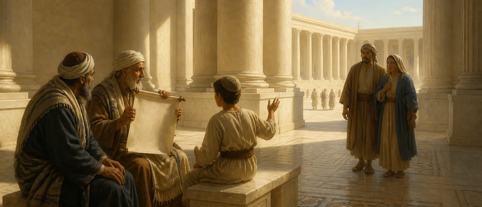 A young Jesus sits among several Jewish teachers in the sunlit temple courts of Jerusalem as Mary and Joseph find him.