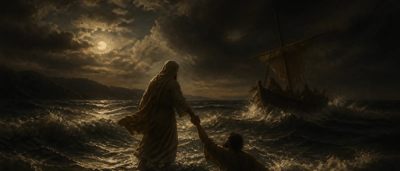 Jesus reaches out his hand to pull Peter from the churning water of a dark sea while a small boat struggles against the waves nearby.
