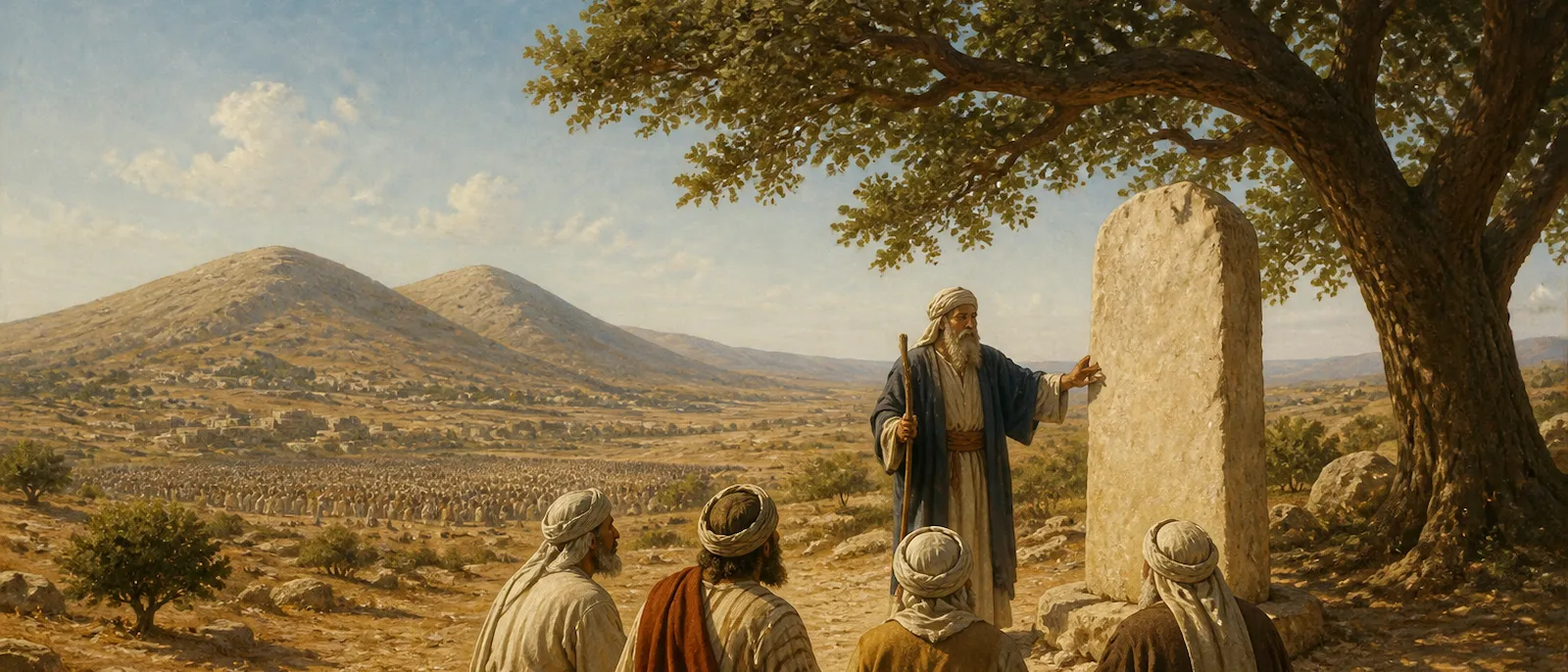 Joshua stands next to a large stone witness under a tree as he addresses the elders and the distant tribes of Israel at Shechem.