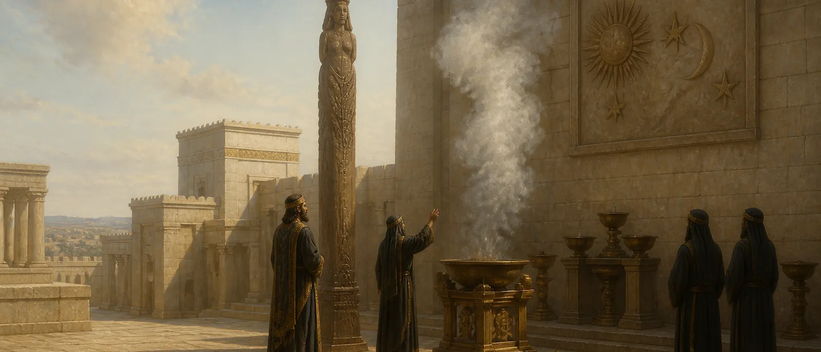 King Manasseh stands in the Temple courtyard near a wooden Asherah pole and smoking pagan altars.