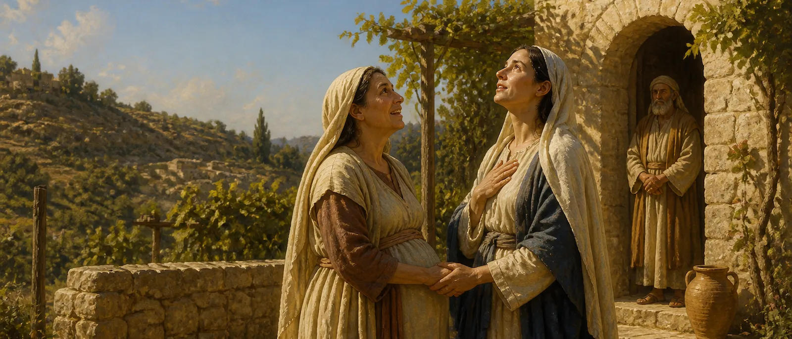 Mary and Elizabeth embrace joyfully in a stone courtyard overlooking the hilly landscape of Judea.