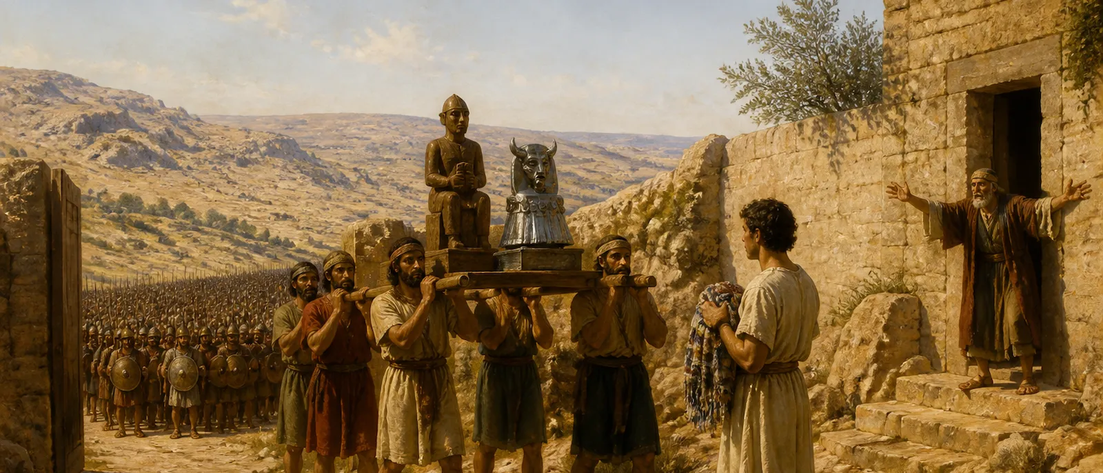 A group of ancient warriors removes a silver statue and a ritual vestment from a hillside home while a young priest prepares to follow them.