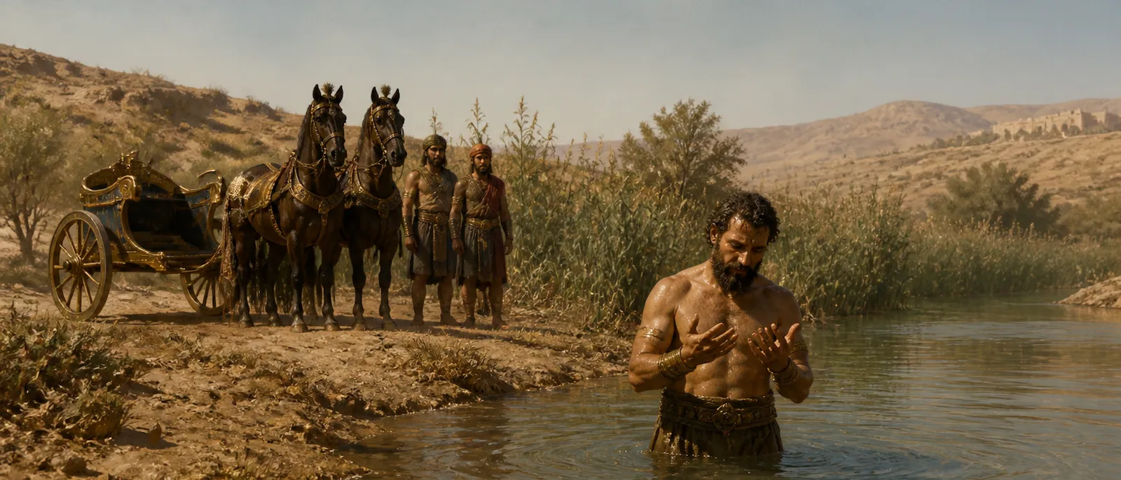 Naaman stands in the Jordan River looking at his healed arms while his chariot and soldiers wait on the shore.