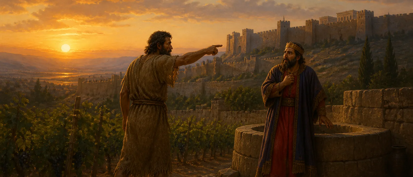 Elijah the prophet confronts King Ahab in a lush vineyard near the stone walls of a royal palace.