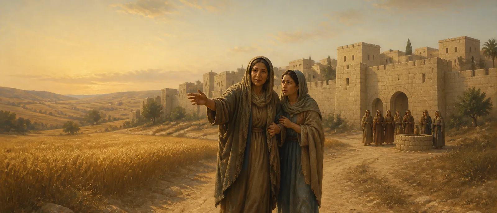 Naomi and Ruth arrive at the stone entrance of Bethlehem during the barley harvest as a small group of townspeople watch from a distance.