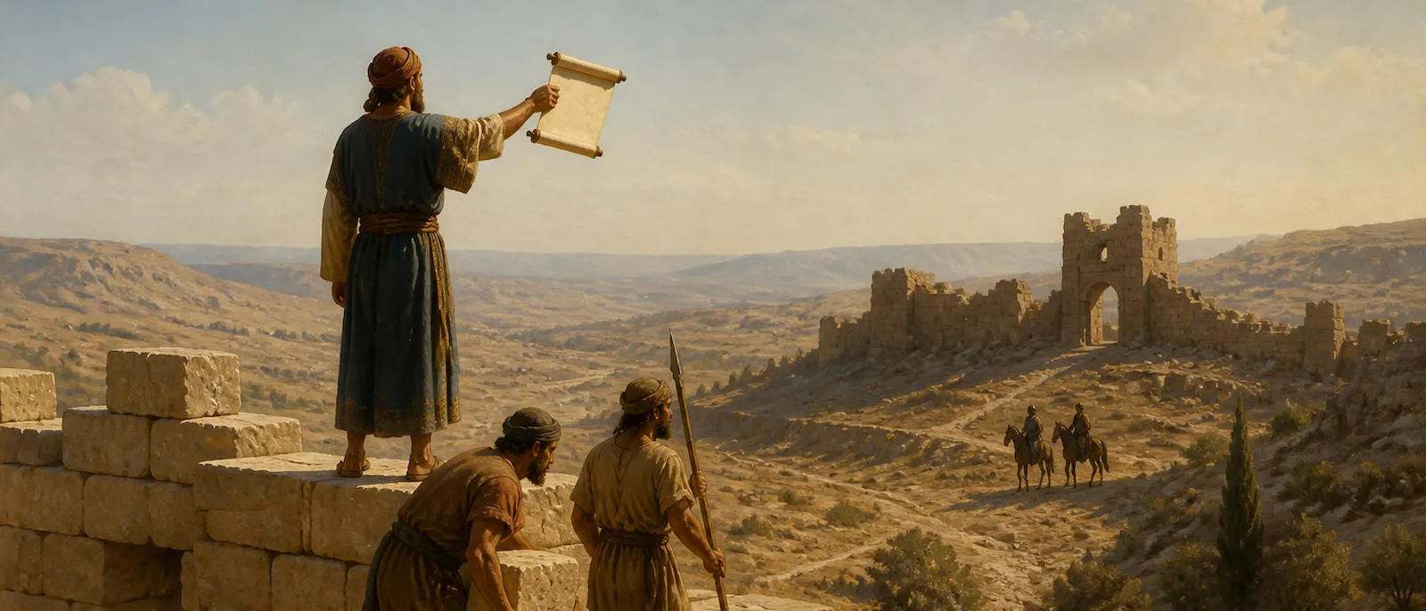 A governor oversees workers repairing a massive stone fortification while holding a weapon for defense against distant observers.