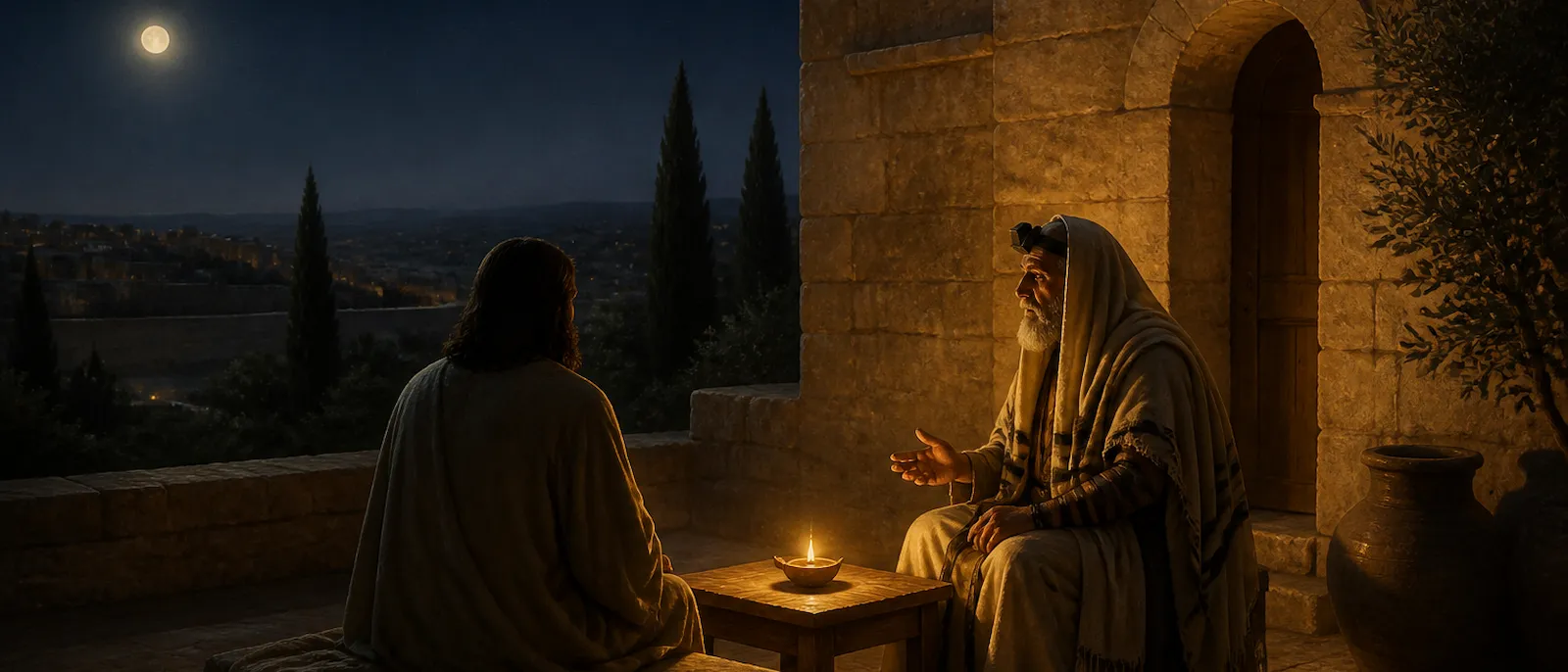 Nicodemus in fine robes speaks with Jesus in a quiet, dark courtyard illuminated by a single oil lamp.
