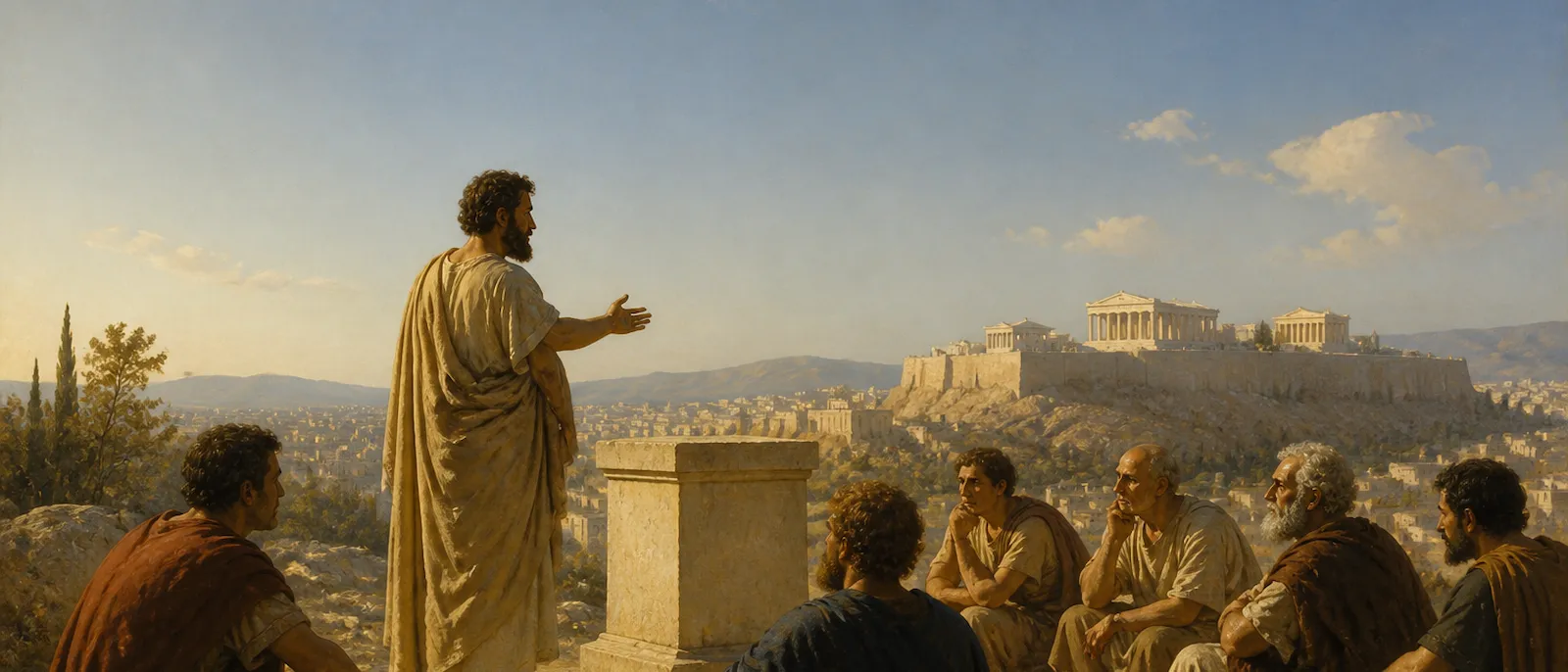 A man in ancient robes addresses a group of scholars on a rocky hilltop with a city and white stone temples in the background.