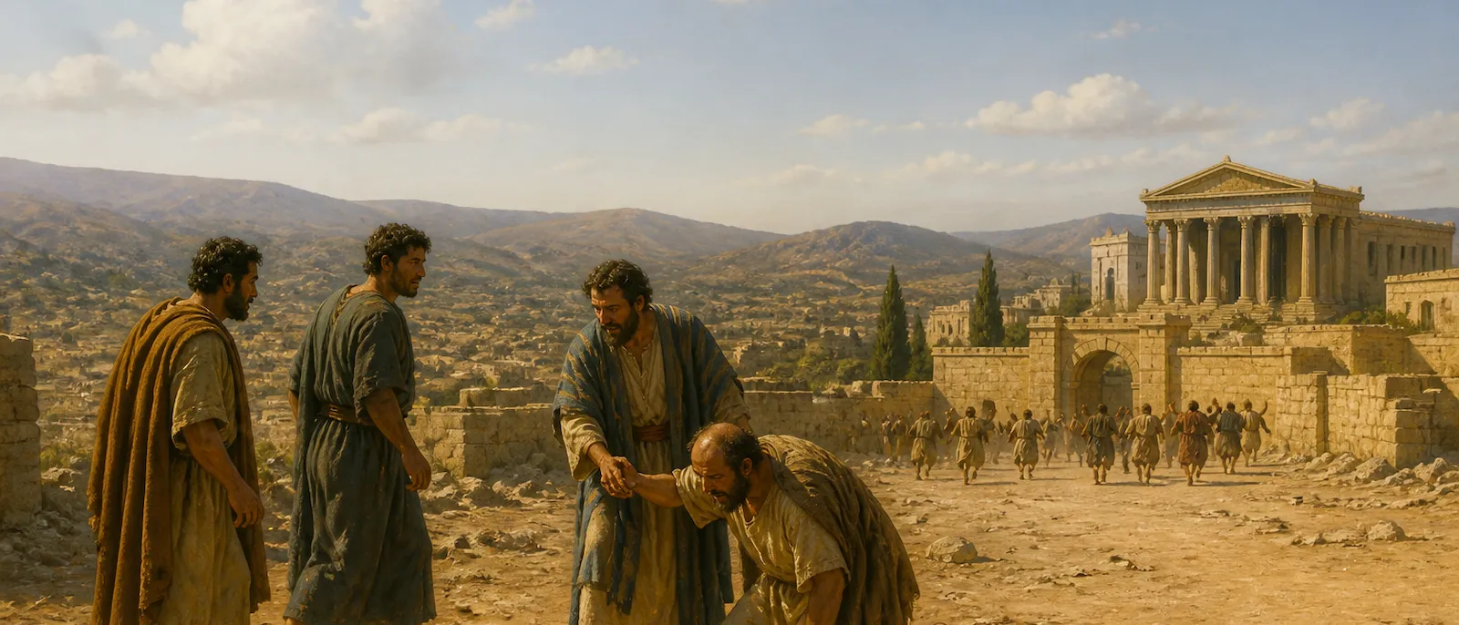 Paul stands up from the ground surrounded by a few disciples outside the city gates after being stoned by a crowd.