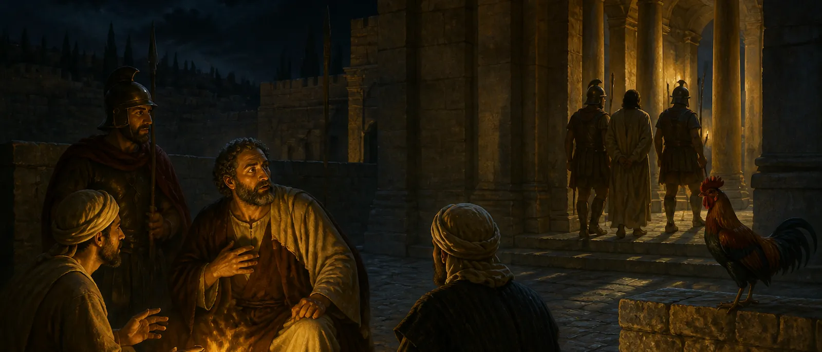 Simon Peter sits by a fire in a courtyard, recoiling in realization as a rooster crows and Jesus looks toward him from a distance.