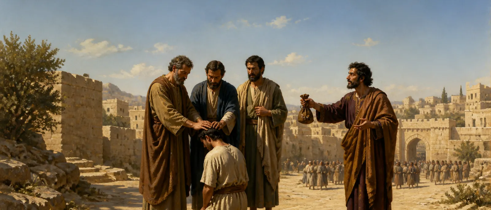 Peter and John lay hands on a believer in a stone plaza while Simon the Sorcerer offers them a bag of money.