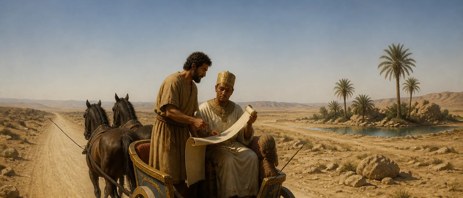 Philip stands in a traveling chariot next to an Ethiopian official who is looking at a blank scroll on a desert road.
