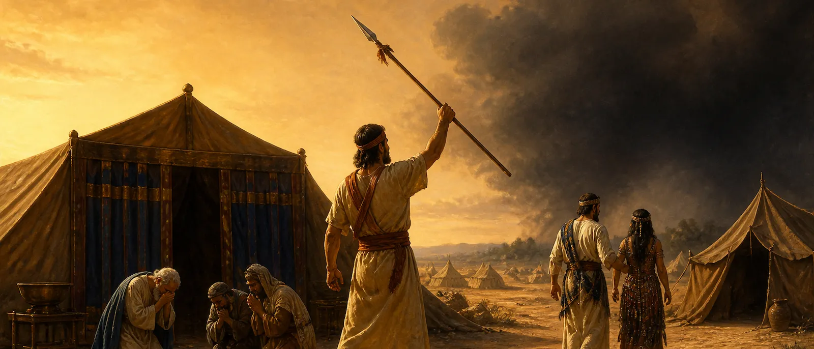 Phinehas stands with a javelin near the Tabernacle while Moses mourns and Zimri leads Cozbi toward a tent in the Israelite camp.