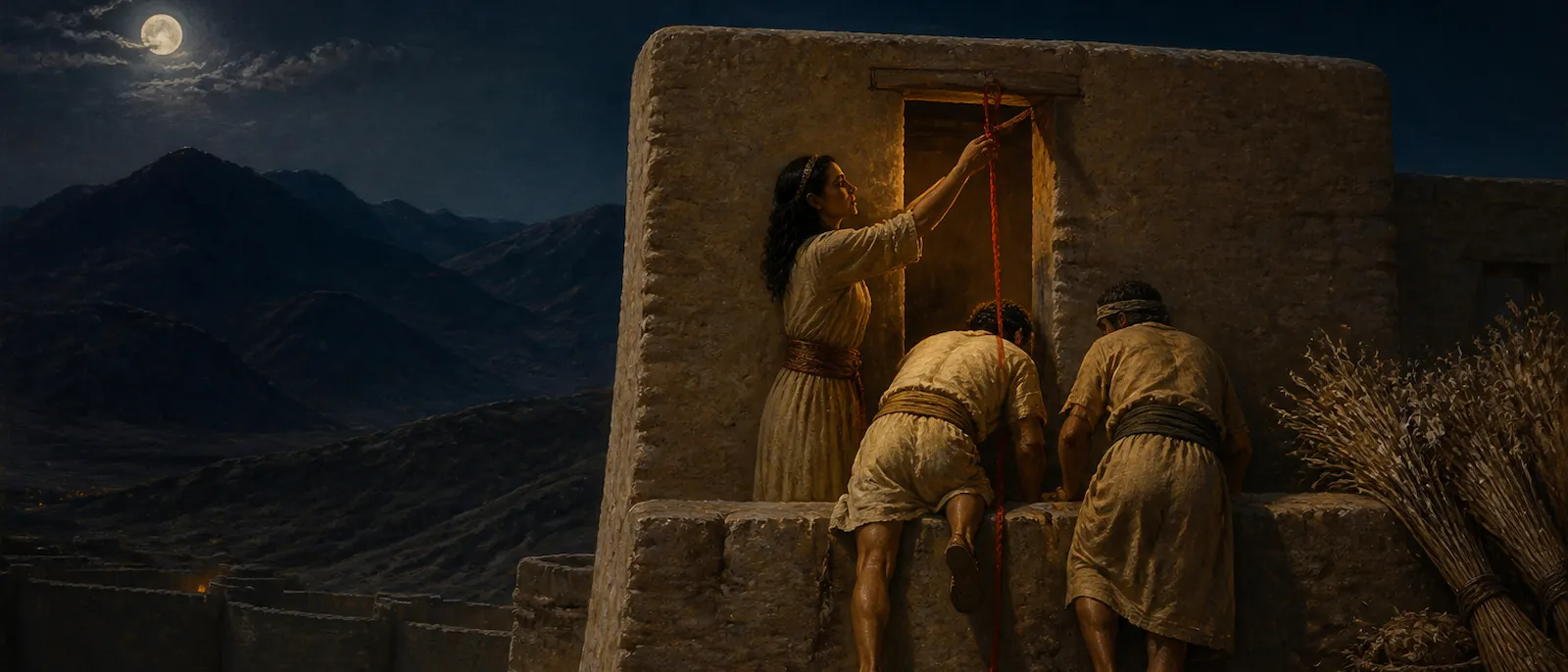 Rahab helps two men descend from a window in the city wall using a crimson rope while piles of flax sit on the rooftop.
