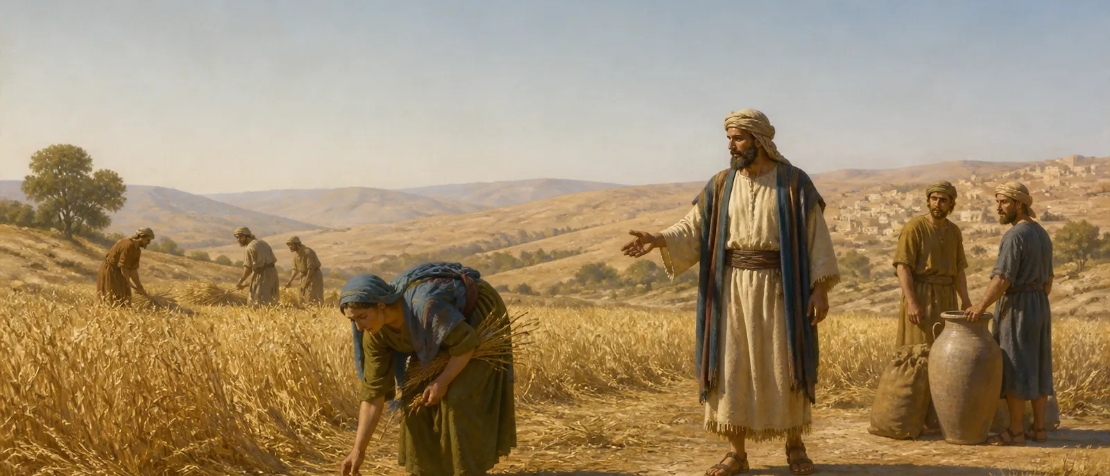 Ruth gleans barley in a vast sunlit field while Boaz watches her from among his harvesters near the hills of Bethlehem.
