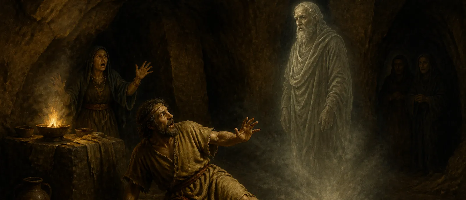 King Saul kneels in a dark cave as the spectral form of the prophet Samuel rises before him and a woman watches in alarm.