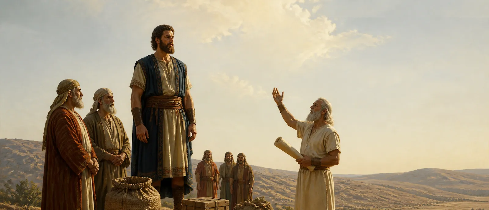 Samuel the prophet stands beside a towering Saul among baggage at Mizpah while holding a blank scroll.