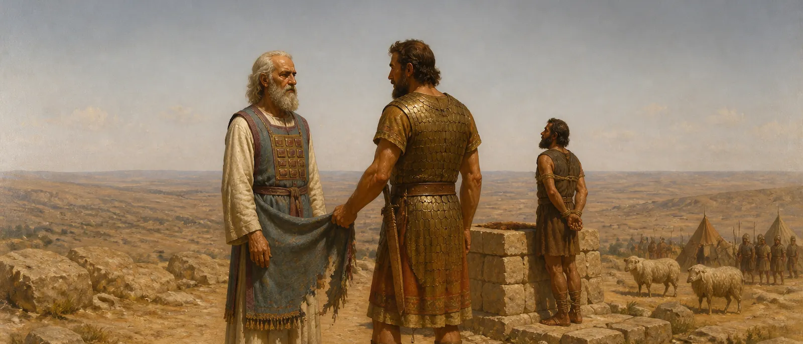 King Saul clutches the torn hem of the prophet Samuel's robe in a rocky valley as the captive King Agag stands nearby.