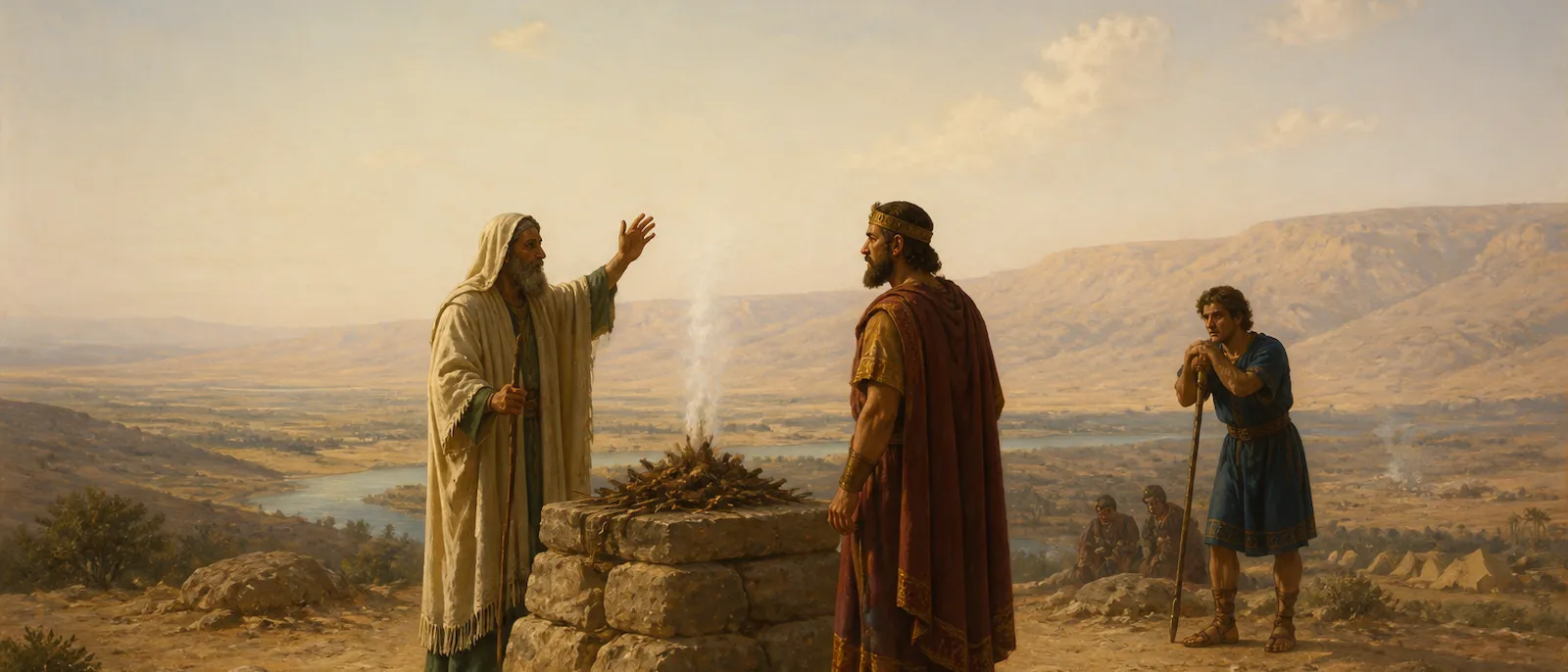 King Saul stands next to a smoking stone altar as the prophet Samuel confronts him with a gesture of rebuke in a rocky outdoor setting.