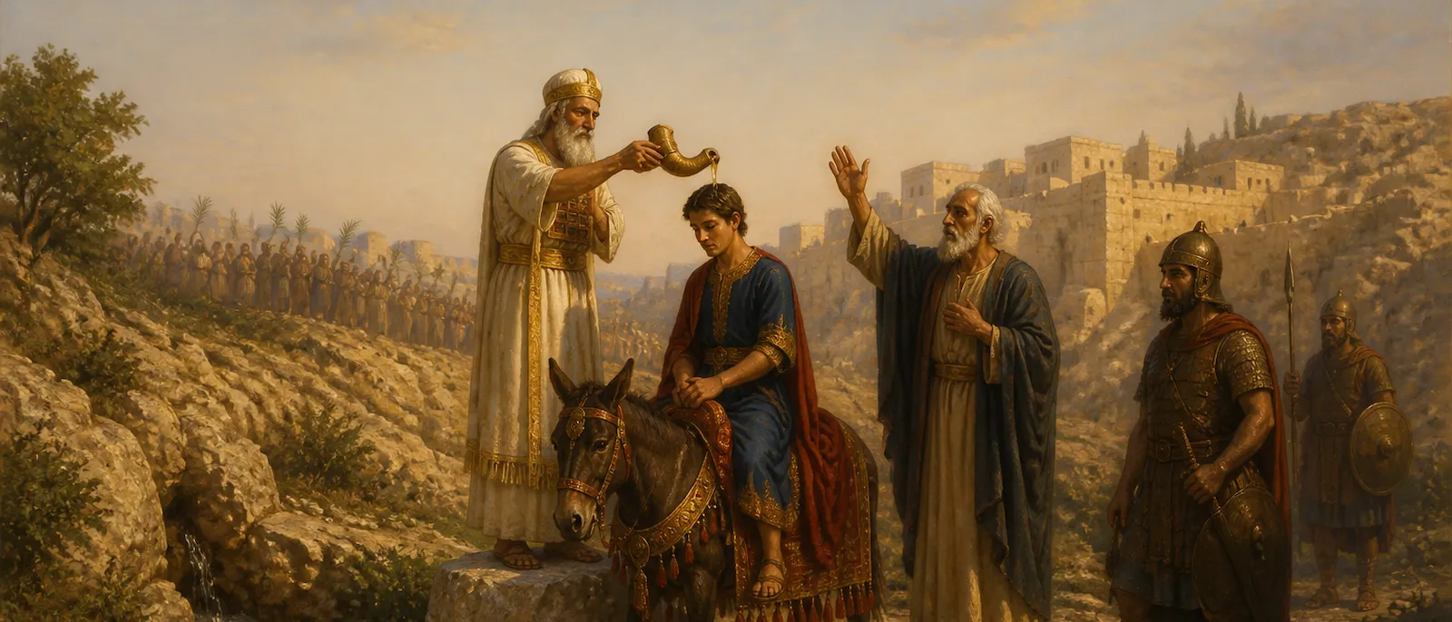 Zadok the priest anoints Solomon as king while he sits on a mule near the spring of Gihon.