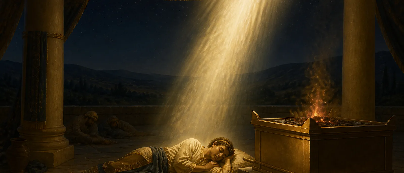King Solomon sleeps near an altar at Gibeon while a divine light shines upon him during his dream.