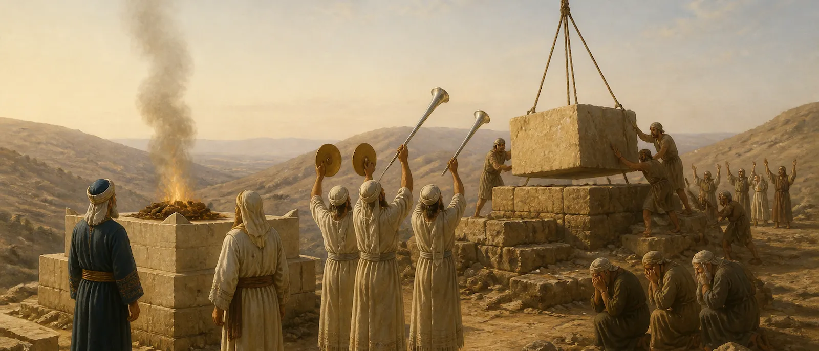 Ancient Jewish leaders and priests celebrate the laying of the second temple foundation in Jerusalem while elders weep in the foreground.