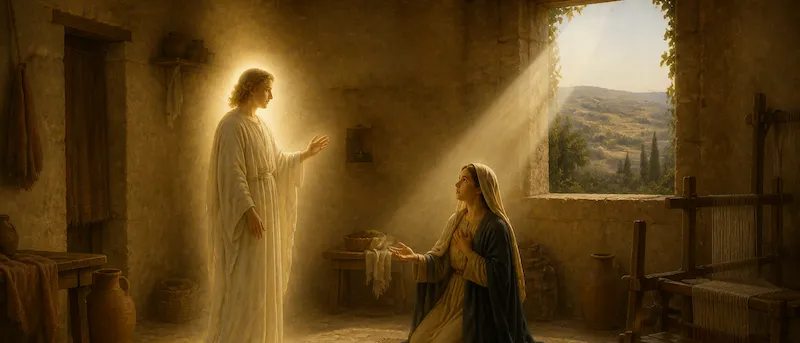 The angel Gabriel appears to Mary in a modest stone house to announce the birth of Jesus.
