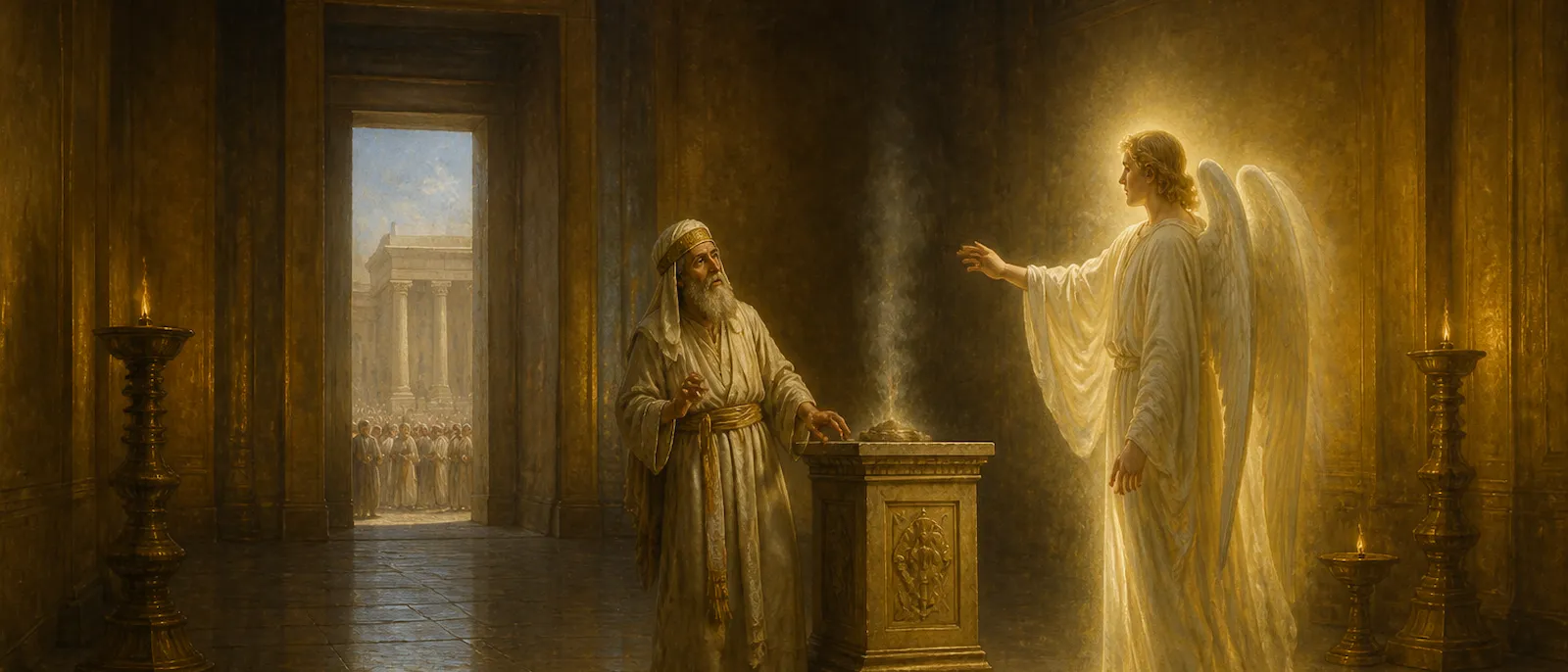 The priest Zechariah stands startled before the angel Gabriel inside the temple sanctuary next to a smoking altar of incense.