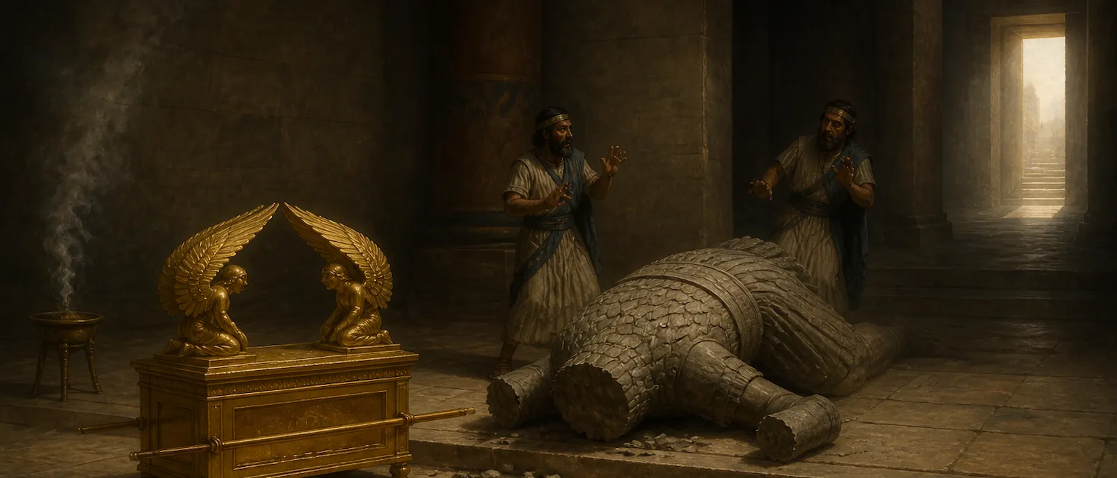 Two Philistine priests discover their broken idol lying on the ground before the Ark of the Covenant inside a stone temple.