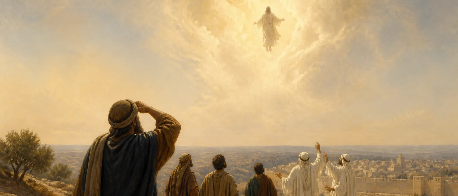 Jesus ascends into a bright cloud above the Mount of Olives while Simon Peter and two men in white robes look on from the rocky terrain.
