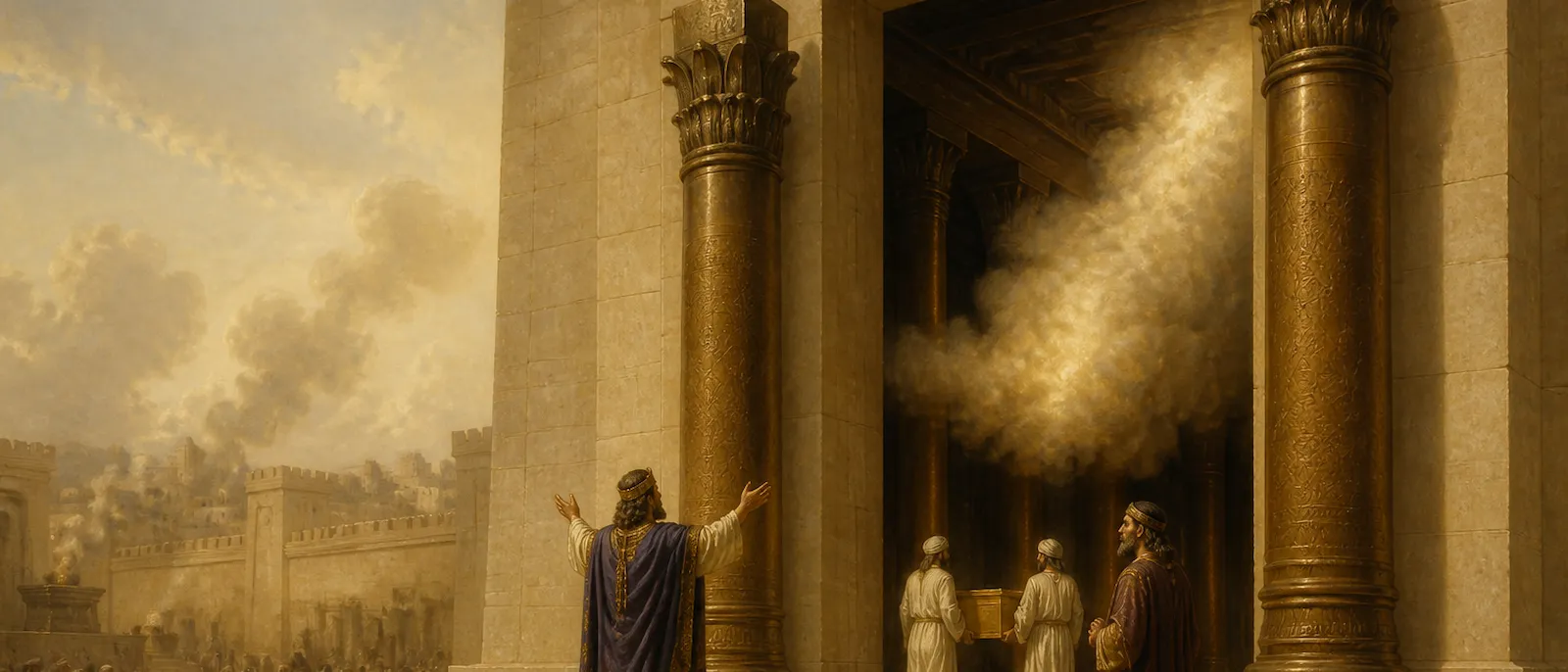 King Solomon stands before the golden doors of the newly completed temple as a divine cloud fills the sanctuary near two massive bronze pillars.