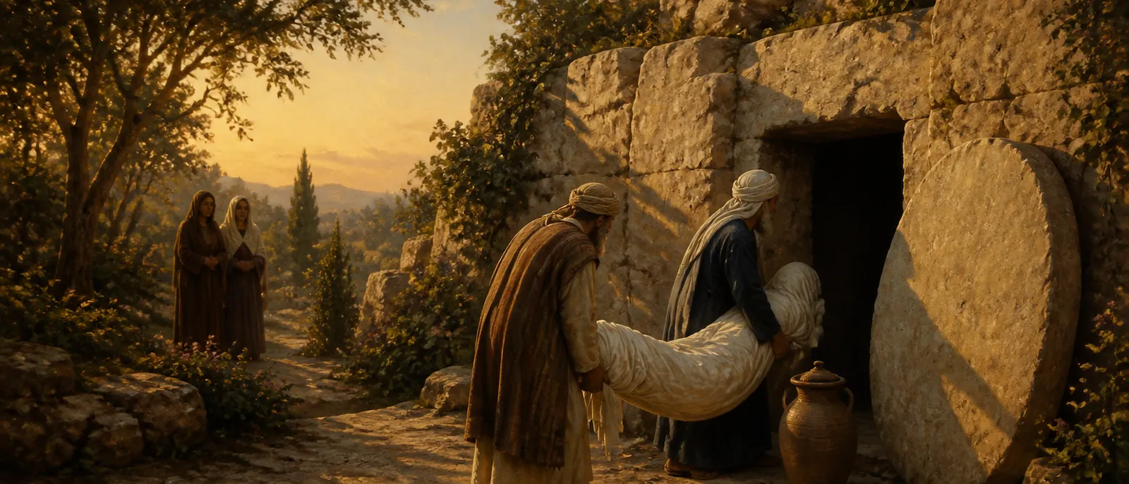 Joseph of Arimathea and Nicodemus carry the linen-wrapped body of Jesus into a rock-cut garden tomb at twilight.