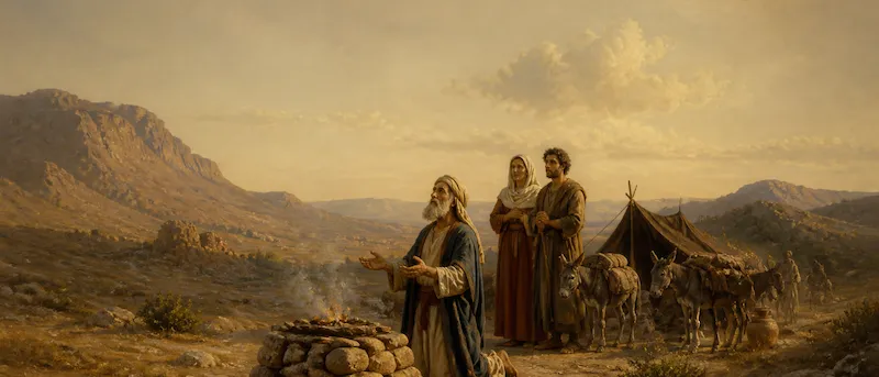 A man kneels in prayer before a newly built stone altar in a rugged desert landscape while his family and pack animals wait near a tent.