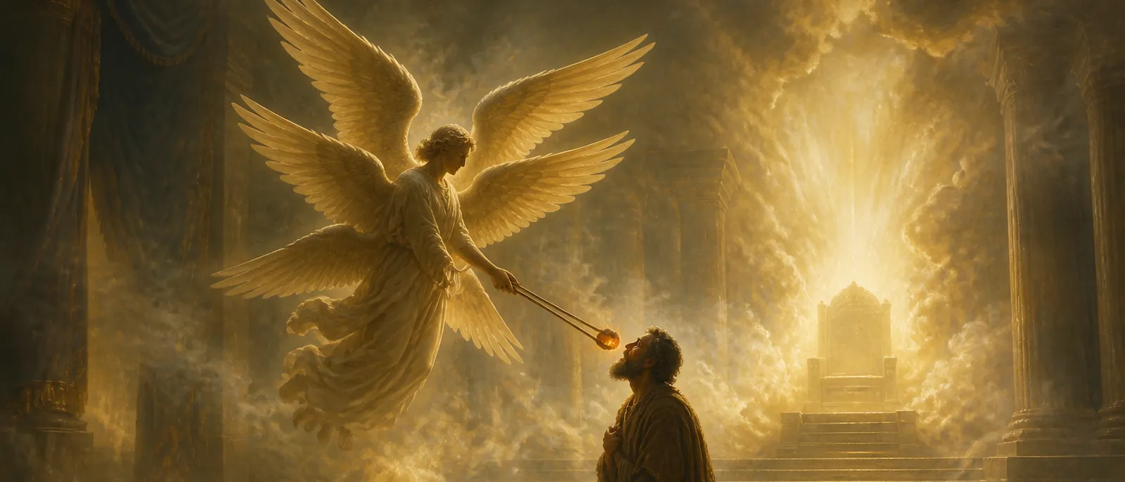 Isaiah kneels in a smoke-filled temple as a six-winged angel approaches his face with a burning coal held in metal tongs.