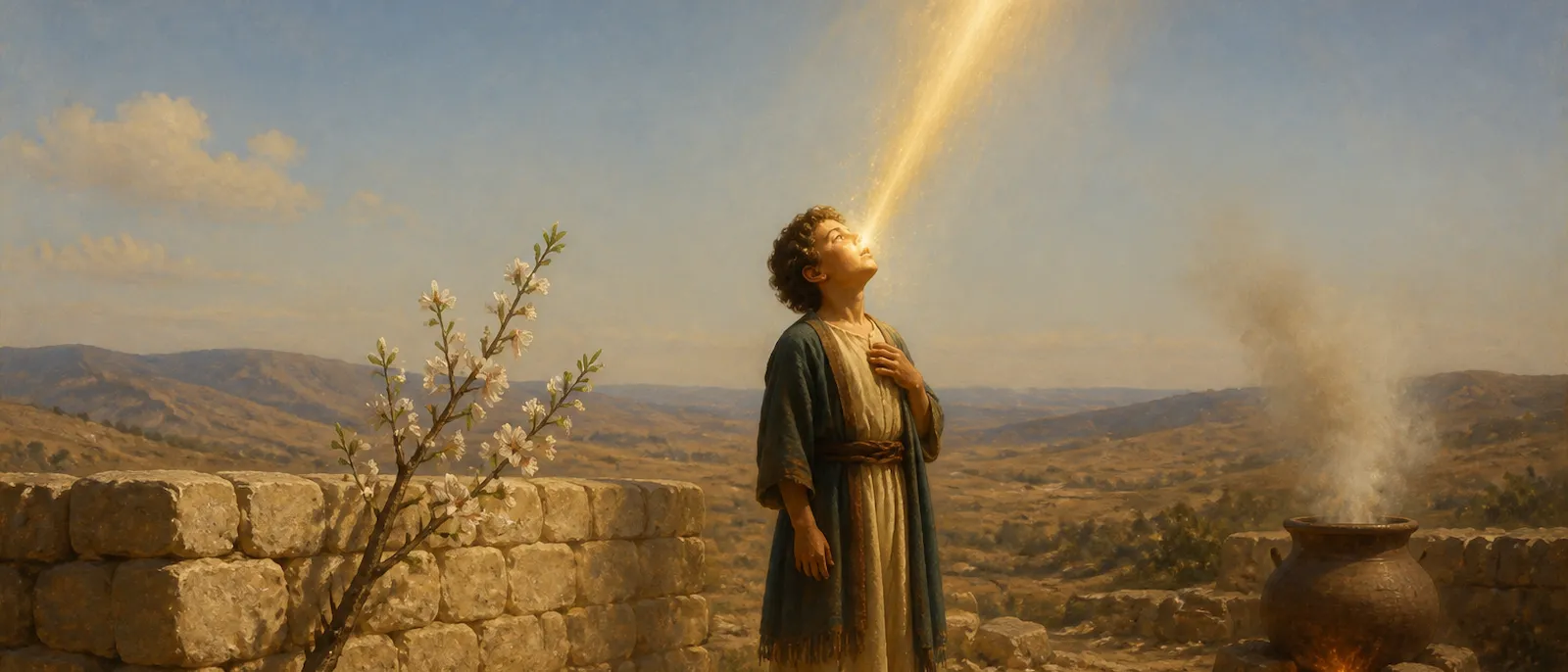 A young man in ancient Judean robes stands in a stone courtyard as a hand reaches from a bright light to touch his mouth near an almond branch and a steaming pot.