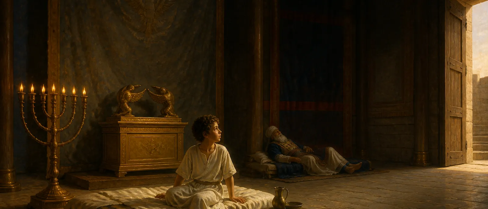 A young Samuel awakens in the temple at night and looks toward a divine light while the elderly priest Eli rests nearby.