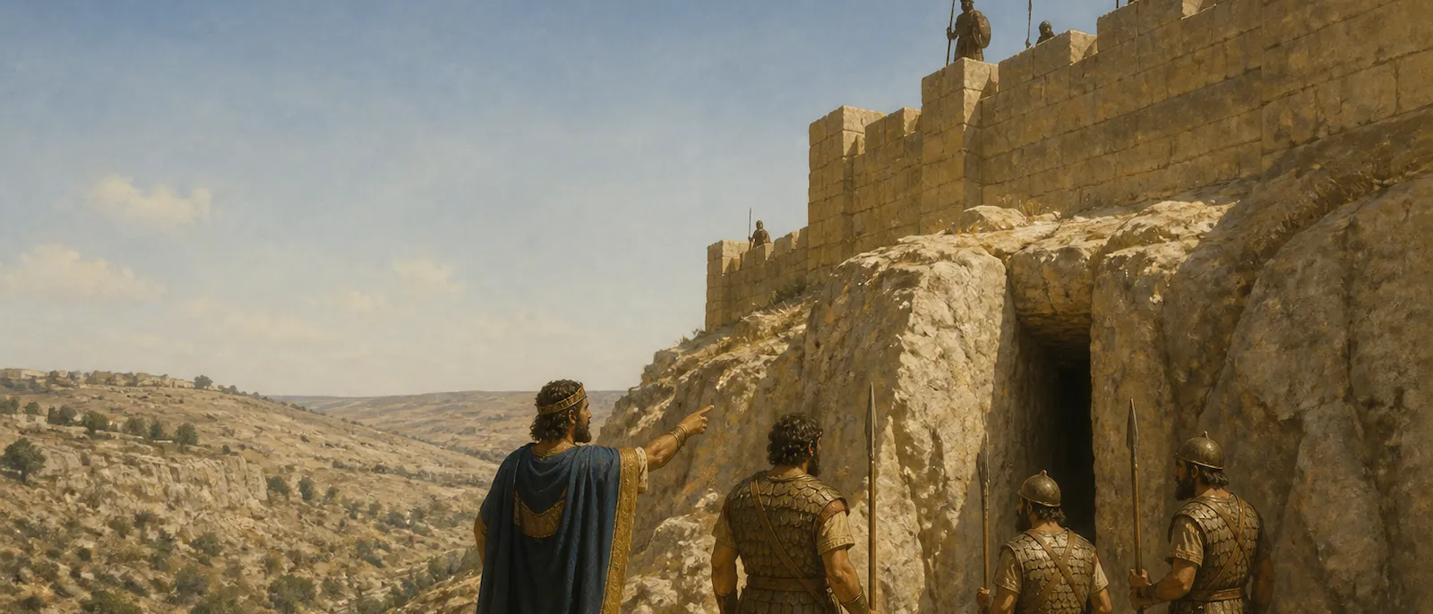 King David and Joab gather with their soldiers at a rocky water shaft below the fortified walls of ancient Jerusalem.