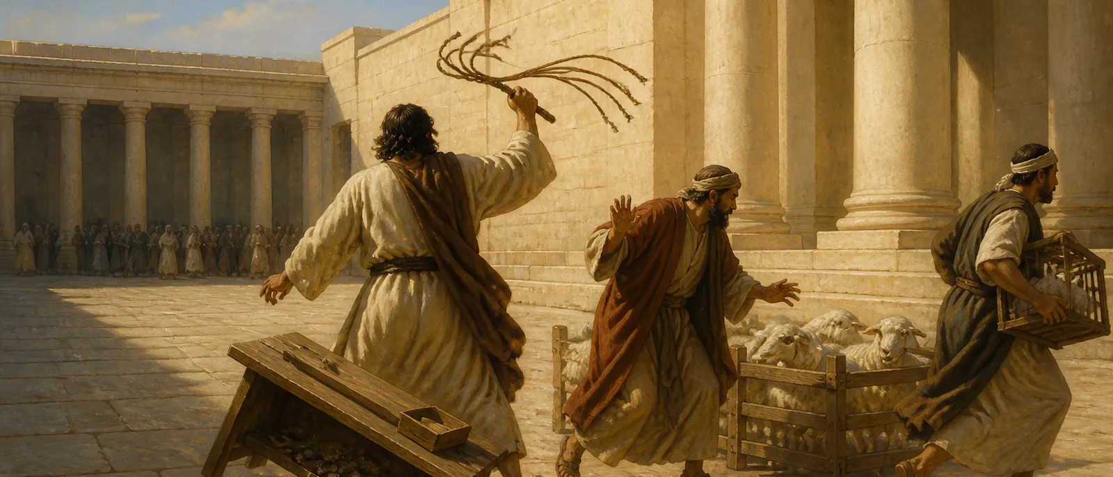 A man overturns a money changer's table and drives livestock from a grand stone temple courtyard.