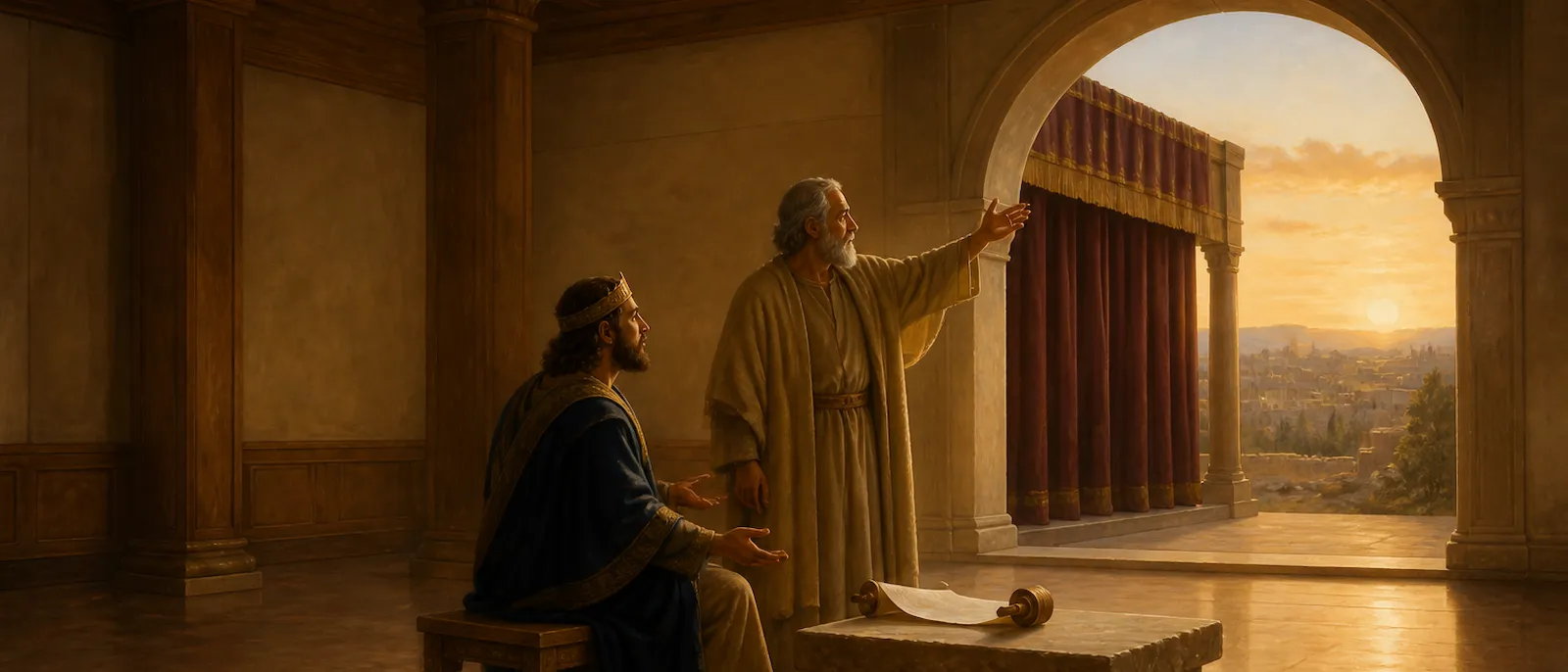 King David sits in a cedar-lined room beside the prophet Nathan, looking out toward the Tabernacle tent under a clear sky.