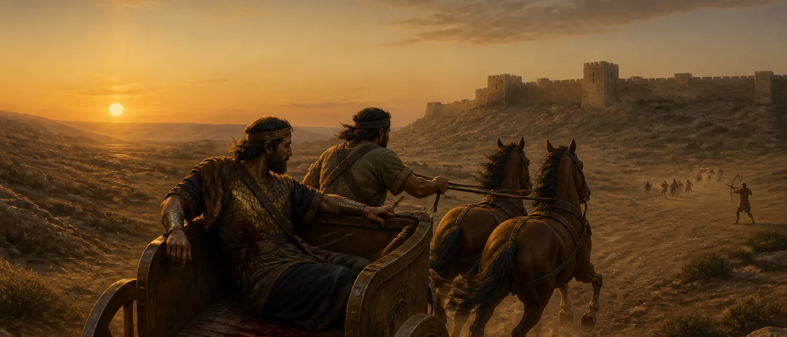 King Ahab stands wounded in his chariot during the sunset at Ramoth-gilead while his army retreats in the distance.