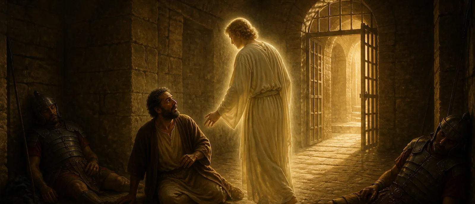 An angel leads Peter out of a dark prison cell while two guards remain asleep near his fallen chains.