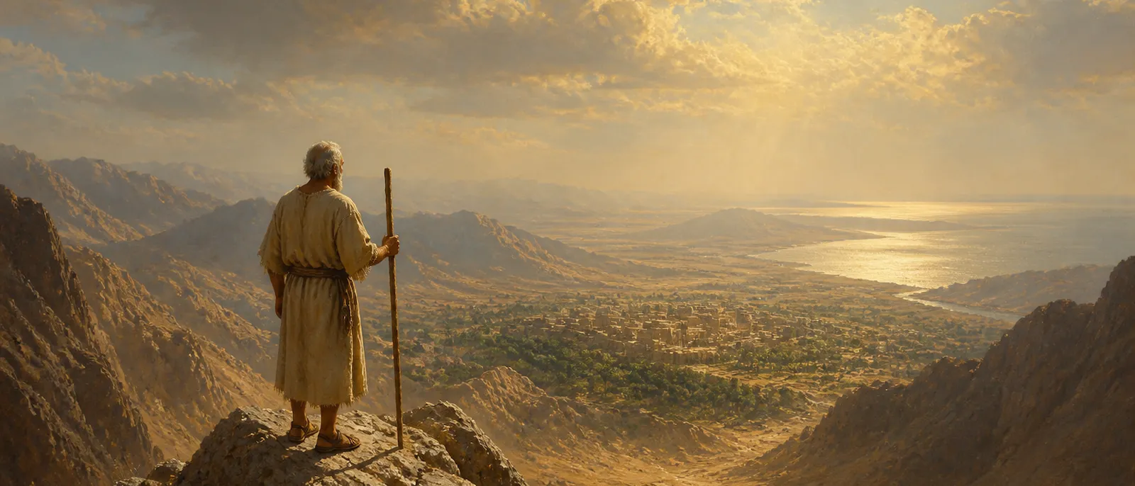 An elderly man stands at the summit of a high mountain overlooking a vast river valley and a distant sea under a dramatic sky.