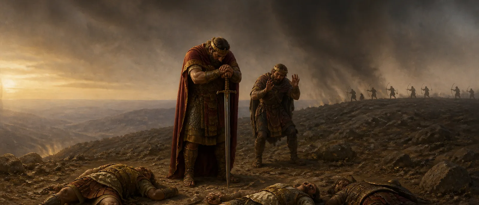 King Saul stands amidst the wreckage of battle on a mountain slope, preparing to fall upon his own sword near his fallen sons.