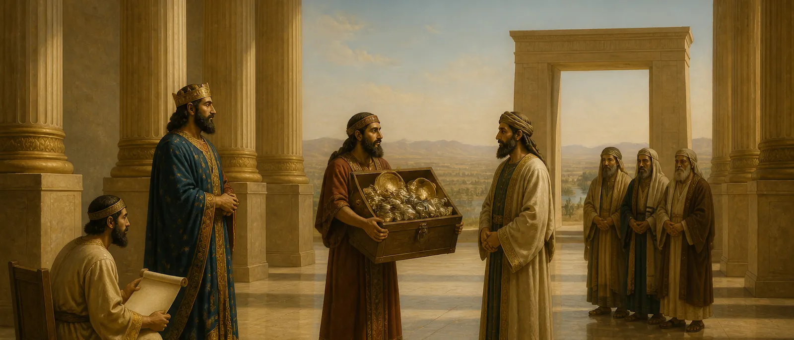 King Cyrus and his treasurer present sacred gold and silver vessels to the leaders of Judah within a grand Persian palace.