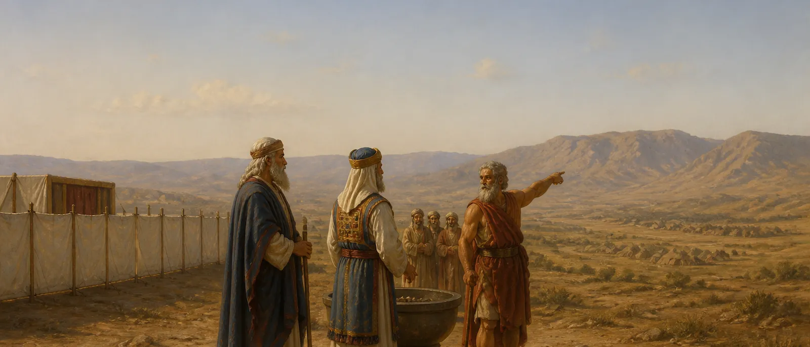 Joshua and Eleazar cast lots for the tribal territories of Israel while Caleb gestures toward his promised inheritance near the Tabernacle at Shiloh.