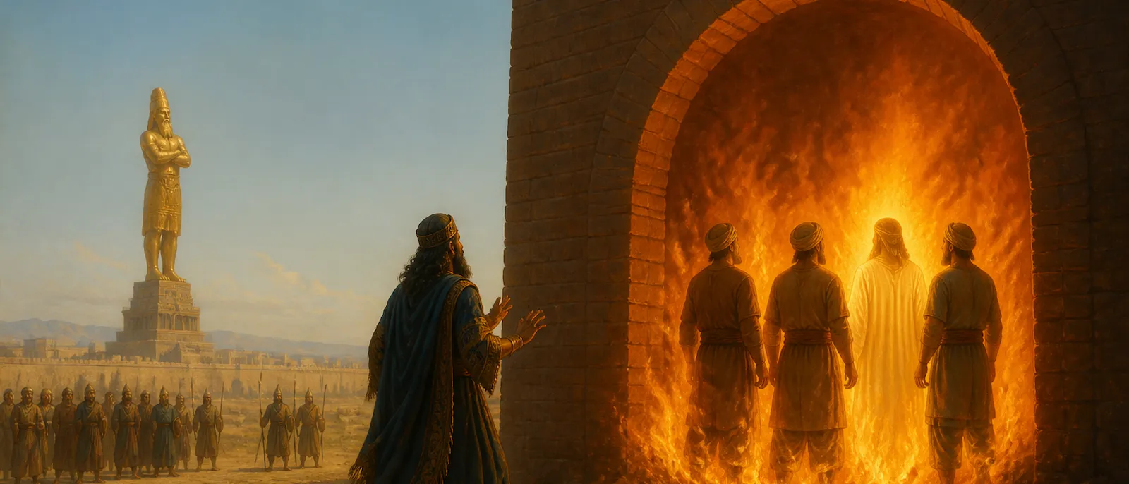 Three men and a celestial figure walk unharmed within the intense flames of a large brick furnace while a king watches in shock.